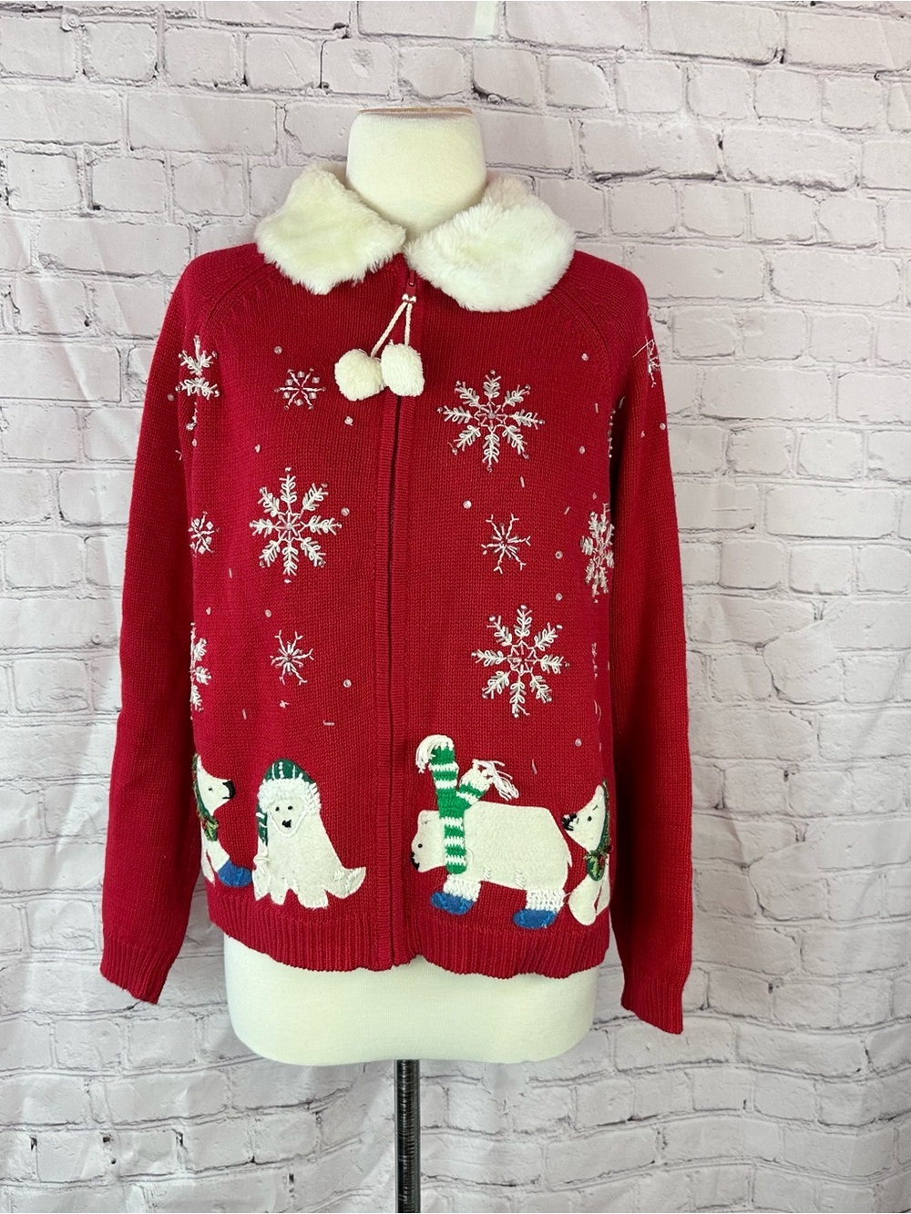 vtg tiara international Red Holiday Polar Bear Cardigan Faux Fur Collar women L